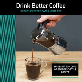 Coffee Gator 4 Cup Moka Pot, 6.7oz Stovetop Espresso Maker for Italian Coffee, Transparent Glass & Stainless Steel Design, Silver, 200ml