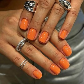 SXVME Uñas postizas cortas cuadradas de gel suave, 30 piezas, 15 tamaños, color naranja, uñas postizas cortas, reutilizables, gruesas, con pegamento, 
