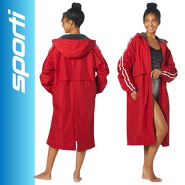 Sporti Unisex Swim Striped Parka with Plush Fleece Lining, Multi Pocket Zipper - Swim Coats for Women & Men - Quick Drying & Water Resistant Changing Robe - Red Shell/Charcoal Lining - Medium