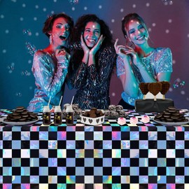 OQOQ Checkered Iridescent Tablecloth (4 Packs，Black Silver) - Rectangular Plastic Table Cover Disposable Table Cloth Birthday Decorations Waterproof Foil Tablecloth Bachelorette Party 54x108 Inch