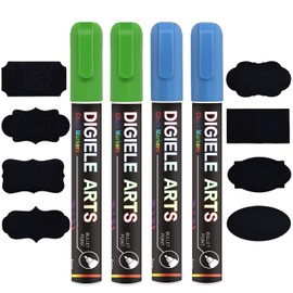 DIGIELE Chalk Pen Blue + Green, 2 Chalk Pens Blue + 2 Chalk Markers Green 6 mm + 16 Blackboard Labels, Dry or Wet Wipe Liquid Chalk, Reversible Pen Tip for Whiteboard/Blackboard/Window/Glass