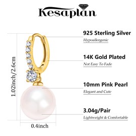 Pearl Earrings for Women 14K Gold Plated Hypoallergenic Pearl Earrings 5A Cubic Zirconia Dangle Earrings Elegant Jewelry (2-Gold-Pink)