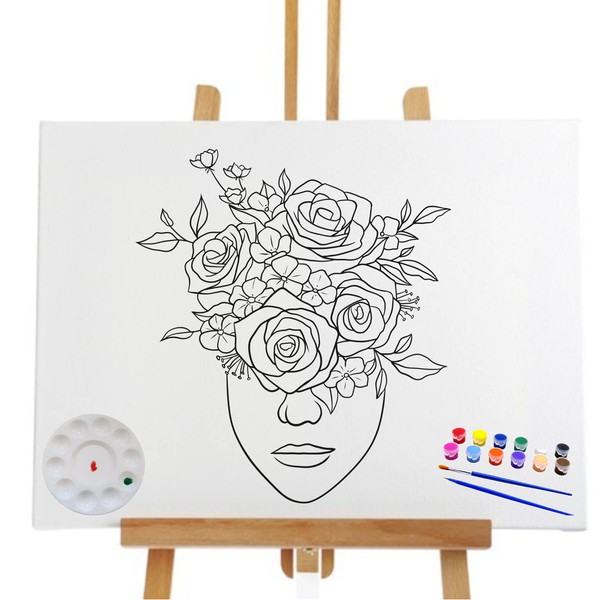Essenburg Pre Drawn Canvas Flower Lady Paint Kit | Adult & Teen Sip and Paint Party Favor | DIY Date Night Couple Activity (S 8x10 CANVAS ONLY)