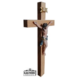 Kaltner Präsente Gift Idea - Wooden Cross Wall Cross Crucifix Made of Real Wood with Jesus Christ Figure Made of Artificial Stone Hand-Painted / Cross Beech Real Wood (Height 15 cm)