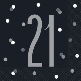 Unique 83544 Black Polka Dots 21st Birthday Luncheon Napkins Disposable | 16 Pcs, Age 21