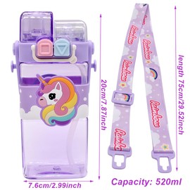 Unicorn Water Bottle with Straw, Unicorn Drinking Bottle Kids Water Bottle Large Capacity Plastic Bottles with Adjustable Strap Leakproof Double Drinking Sports Bottles for School Travel (520ML)