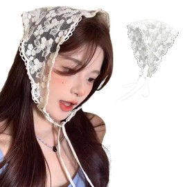 Kumomi Babushka Lace Triangle Scarf, Women's Turban, Headwrap, Hair Bandana, Flower Embroidery, Lace Fabric, Girly, Innocent, Stylish, Cute, Small Face Effect, Small Flowers, Hair Accessories, JK