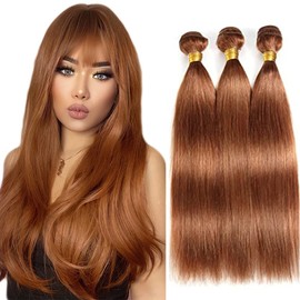 Color #30 Brown Straight Bundles Light Brown Bundles Human Hair 3 Bundles 8A Grade Remy Hair Weave Extensions Double Weft 100% Unprocessed Brazilian Hair For Black Woman 14 16 18 Inch