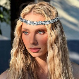 Flayem Women's Head Chain Black Shiny Elastic Rhinestone Headband (Black, 45.5 cm)