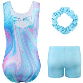 HOZIY Girls Leotards for Gymnastics Marble Blue Sleeveless Biketards 3 Piece Leotard with Shorts Hairband Unitard Sets Sparkle Sparkly Activewear Size 9-10