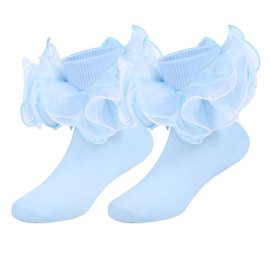 KUANINUNAR Toddler Baby Girls Ruffle Soft Double Frilly Lace Socks Kids Cute Ankle Cotton Dress Socks (US, Age, 8 Years, 10 Years, Light Blue)