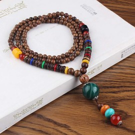 THTHT Vintage Handmade Long Necklace Pullover Chain Ethnic Nature Wood Carving Green Agate Ball Bohemian Minimalist Beads Simple Unisex Clothing Accessories