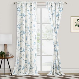 Leeva Farmhouse Bird Curtains for Window, View Block Privacy Living Room Curtains 84 Inches Long, Linen Look Flower & Nest Printing Rod Pocket Blue Drapes for Bedroom, One Panel, 52x84