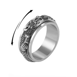 Dragon Rotating Spinner Fidget Band Rings Stainless Steel Punk Cool Animal Anxiety Stress Relief Band Biker Ring Promise Band for Men Women Vintage Jewelry (Size 10)