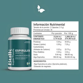Suplemento Espirulina Orgnica 60 Cpsulas De 500 Mg Bulk Superfoods 100 Natural Sin Gluten Apto Dieta Keto  Suplemento Alimenticio A Base De...        