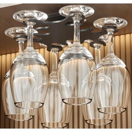 JOANAJO Wine Glass Holder Under Cabinet Stemware Rack 360°Rotatable Glass Hanger Drying Rack Storage Organizer With 6 Hooks for Home and Bar（2 PACK-BLACK）