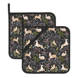 2PCS Forest Deer Pot Holder with Loop,Heat Resistant Oven Pads,Hot Pat for Kitchen Cooking Baking Food