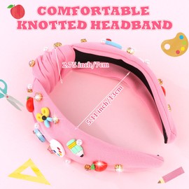 Brimekichio Teacher Headband Pink Knotted Back to School Headband Rhinestone Pearl Embellished Teacher Accessories for Women Gift