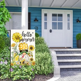 EKOREST Hello Summer Garden Flags for Outside, Watercolor Gnome with Sunflowers Small Seasonal Decoration for Farmhouse Holiday Yard Outdoor Decor 12x18 Inch Double Sided