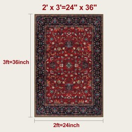 Tangsoo 2x3 Washable Rugs for Entryway, Vintage Floral Rug Red Small Area Rug Non-Slip Soft Low Pile, Small Carpet Door Mat, Front Door Indoor Throw Rugs for Entrance Kitchen Entry