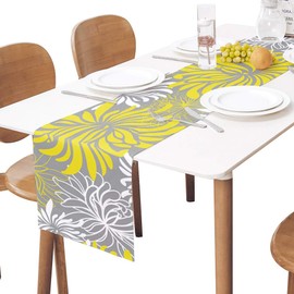 Floral Table Runner-Yellow Gray White Cotton linen-Long 72 inche Dresser Scarves,Flower Tablerunner for Kitchen Coffee/Dining Table Bedroom Home Living Room,Summer Spring Holiday Dinner Scarf Decor