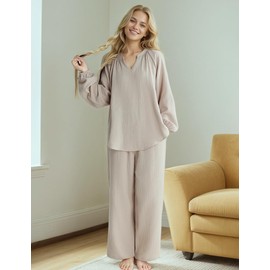 Volcathix Womens Cotton Gauze Pajama Set Long Sleeve, Soft and Breathable Sleepwear with Pockets Beige