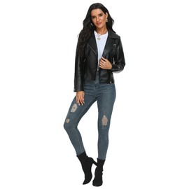 Fahsyee Women's Black Leather Jackets, Faux Motorcycle Bomber Moto Bike Plus Size Coat Short Lightweight Vegan Pleather Fashion XL