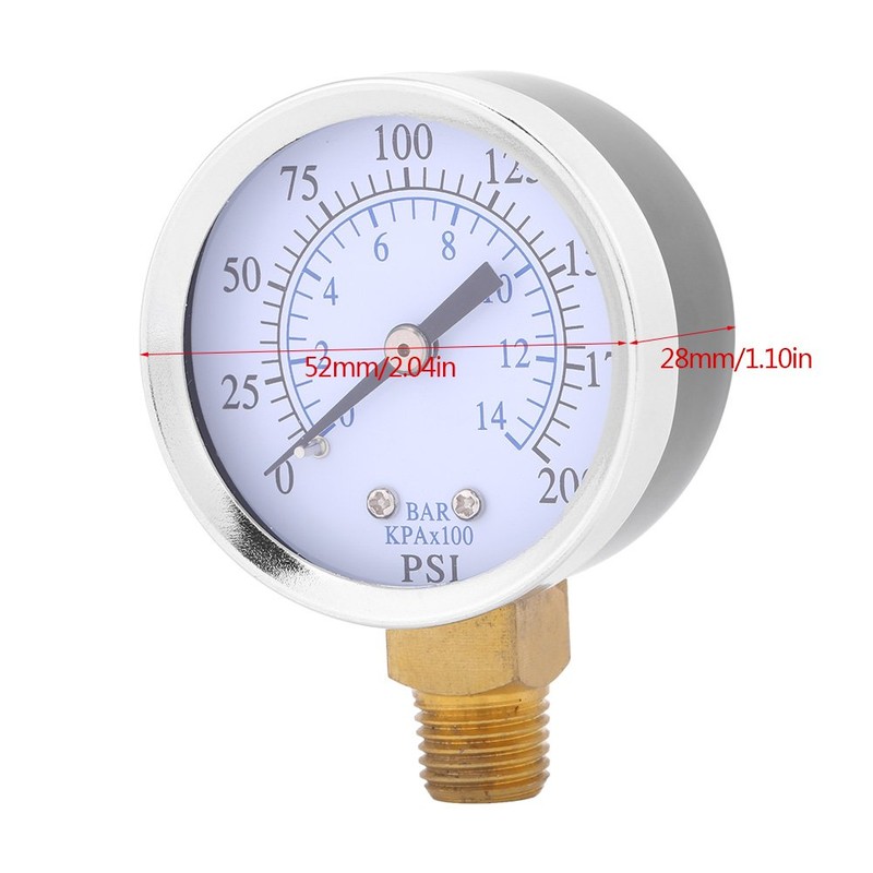 Air Compressor Pressure/Hydraulic Gauge, 1/4in NPT Brass Thread Side Mount,0-200psi