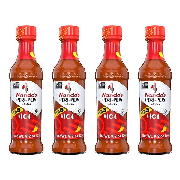 Nando's Hot PERi-PERi Sauce - Hot Heat Fiesty Blend of Garlic, Herbs and PERi-PERi Spices Hot Sauce | Gluten Free | Non GMO | Kosher - 9.1 oz Bottle (4 Pack)