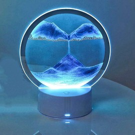 XIYUAN Moving Sand Art Picture 3D Deep Sea Sandscape in Motion Display Flowing Sand Frame 360° Round Glass Rotating Hourglass Decor with Colorful LED Deskto (Blue)