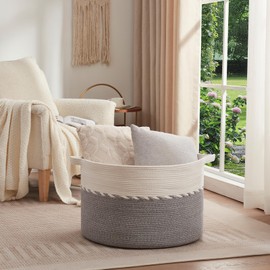 OIAHOMY 125L Extra Large Blanket Basket, 25" x 16", Jumbo Laundry Basket, Cotton Rope Basket with Handles, Baby Toy Basket for Storage,Grey