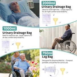 10 Pack Latex Catheter Set with 2*Drainage Bags(2000ml&1000ml) 1 * 750ml Leg Bag for Leak-Proof with External Self-Sealing Adhesive Strips for Male (30mm)