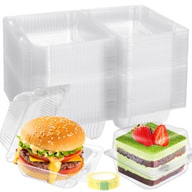 100 Pack Clear Plastic Square Hinged Food Containers,Disposable To Go Container Dessert Clamshell Take Out Tray with Tape for Cookies,Fruits,Salads,Sandwiches,5.3 x 4.7 x 2.7 Inch
