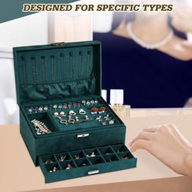 Jewelry Boxes for Women Girls, Jewelry Organizer Box with Lock, Velvet 3 Layers Jewelry Organizers and Storager for Earring, Ring, Necklace, Bracelets (Green-1)
