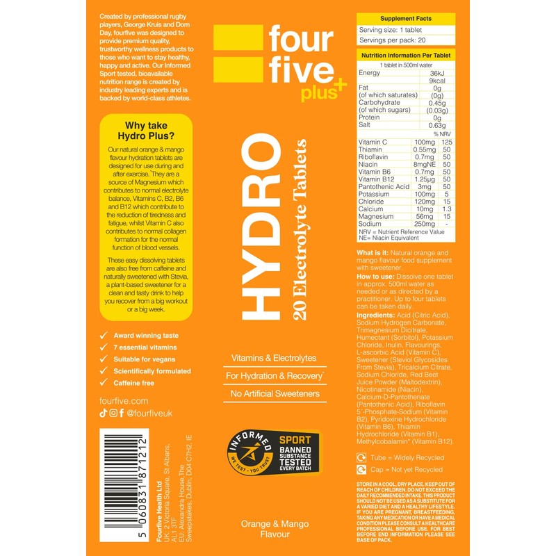 fourfive Hydration Tablets (Orange & Mango) Low Calorie Vitamin Electrolytes,