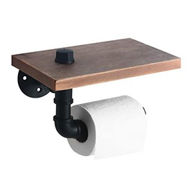 HouseAid Industrial Pipe Toilet Paper Holder with Shelf, Rustic Farmhouse Toilet Roll Holder, Vintage Style Iron TP Holder for Bathroom, Wall Mounted, Matte Black