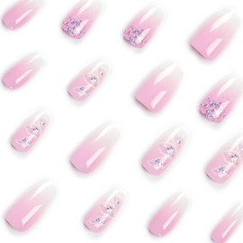 Press on Nails Medium Coffin MABKJLF French Fake Nails Pink Gradient Full Cover Glitter Flower False Nails with Designs Glossy Glue on Nails Acrylic Nails Artificial Nails for Women Girls 24Pcs
