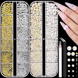 7500Pcs 3D Nail Charms, Gold & Silver Small Round Metallic Nail Art Gems and Flatback White & Pearl Round Nail Beads, Nail Craft Decoration Accessories with Tweezers and Pick-up Pencil