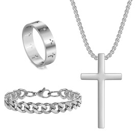 APMGONT Men's Cross Necklace Cuban Bracelet Ring Set Stainless Steel Cross Pendant Necklace Cuban Chain Bracelet Cross Vintage Spinner Ring Set Gifts for Men Birthday Christmas (Silver A)