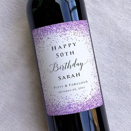 4 Custom Birthday Purple Wine Bottle Label, Waterproof Sticker for Birthday Celebration Party