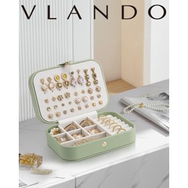 Vlando Travel Jewellery Box, Jewellery Storage with Style, Small Jewellery Organiser for Earrings, Jewellery Travel Case, Gift Idea for Women, Girls, Green