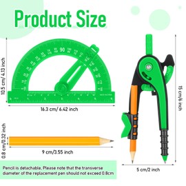 Zonon Student Geometry Math Set Compass and Protractor Set, Drawing Compass and 6 Inch Clear Swing Arm Protractors 180 Degree Math Protractor(Green)