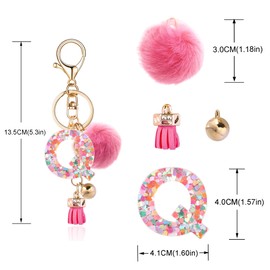 OKAICEN Deep Pink Resin Alphabet Initial Letter Keychain Keyring for Women Purse Handbags With Tassel&Fur Ball Pom('Q')