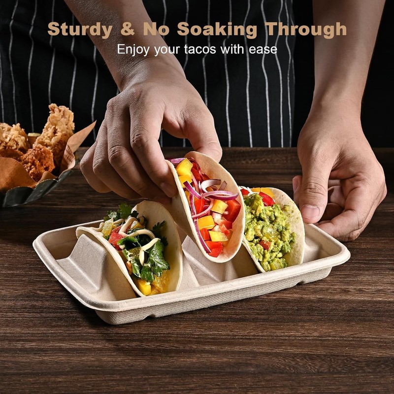 WOYAODONG 20Pcs Disposable Taco Plates with Dividers, Paper Taco Holders