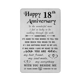 TANWIH 18th Anniversary Card Gifts for Him Husband, Happy 18 Year Wedding Anniversary Cards Gifts for Men, Engraved Metal Wallet Insert