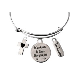 Believe Let Your Faith Be Bigger Than Your Fear Expandable Charm Bracelet Adjustable Bracelet Gift Cross Open Heart