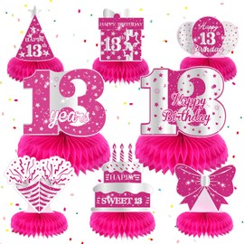 Yoirrat 8Pcs Hot Pink 13th Birthday Party Decorations Girls Happy 13th Birthday Table Honeycomb Centerpieces for Table Decor Pink 13th Birthday Table Decorations Topper for Gilrs 13th Party Supplies