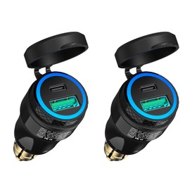 [2 Pack] Din Hella to USB - Qidoe Mini Waterproof Aluminum Din Plug Motorcycle Power Adapter 30W USB C PD3.0 Din USB 18W QC3.0 Quick Charge Blue LED Ring 12V/24V Ducati Triumph Motorcycle Accessories