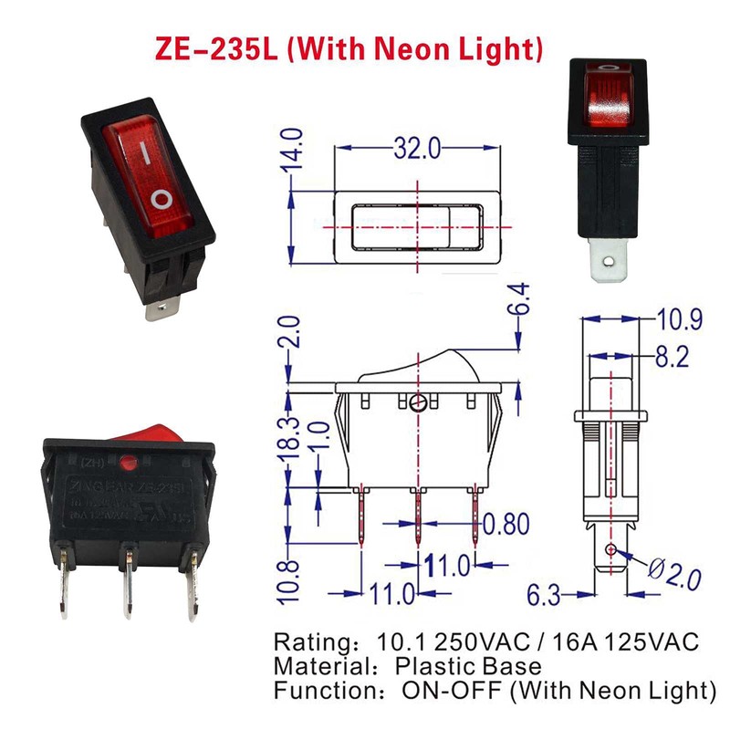 Miayaya Zing Ear ZE-235L Rocker Switch Red Illuminated 16A 125VAC