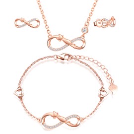 INFINIONLY Jewellery Sets, Women's Girls Necklace Pendant Bracelet Earring, 925 Silver Necklace Bracelet Earring, Cute Cat Infinity Symbol Jewellery Sets, Zirconia, Rose Gold, Zircon, Cubic Zirconia
